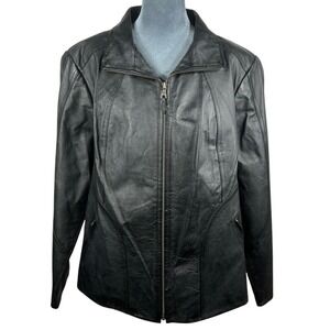 Genuine Leather Jacket Plus 16-18W Black Full Zip Lined Minimalist Patina Retro